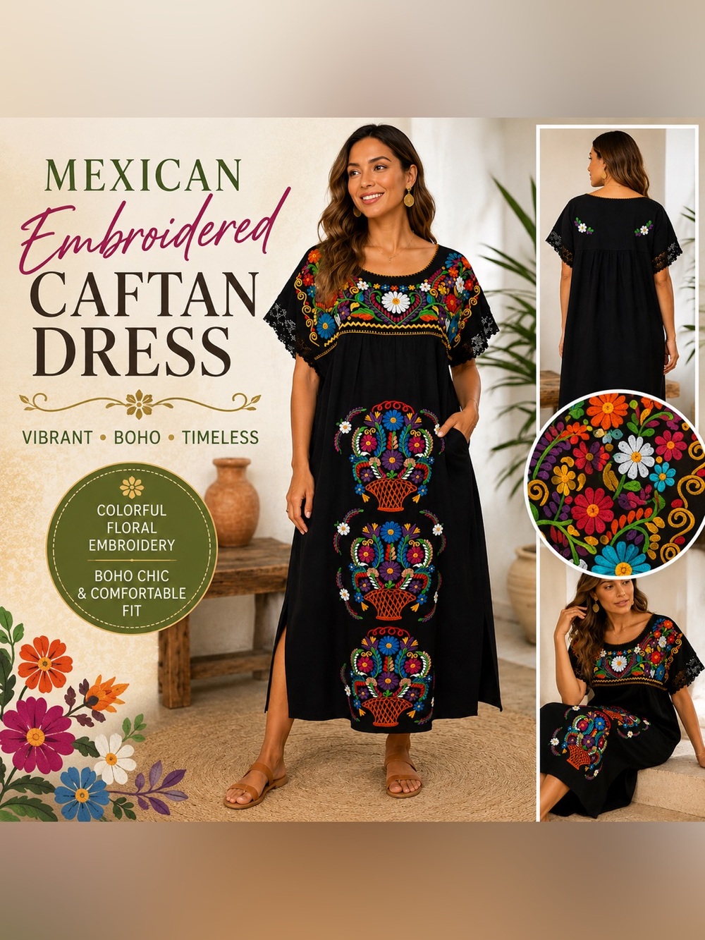 Colorful‎ Embroidered Mexican Oaxaca Style Caftan Dress Boho Folk Art Tunic L/XL
